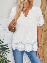 EMERY ROSE Women's Vacation Casual Solid Color Flower Embroidery Notch Neck Shirt